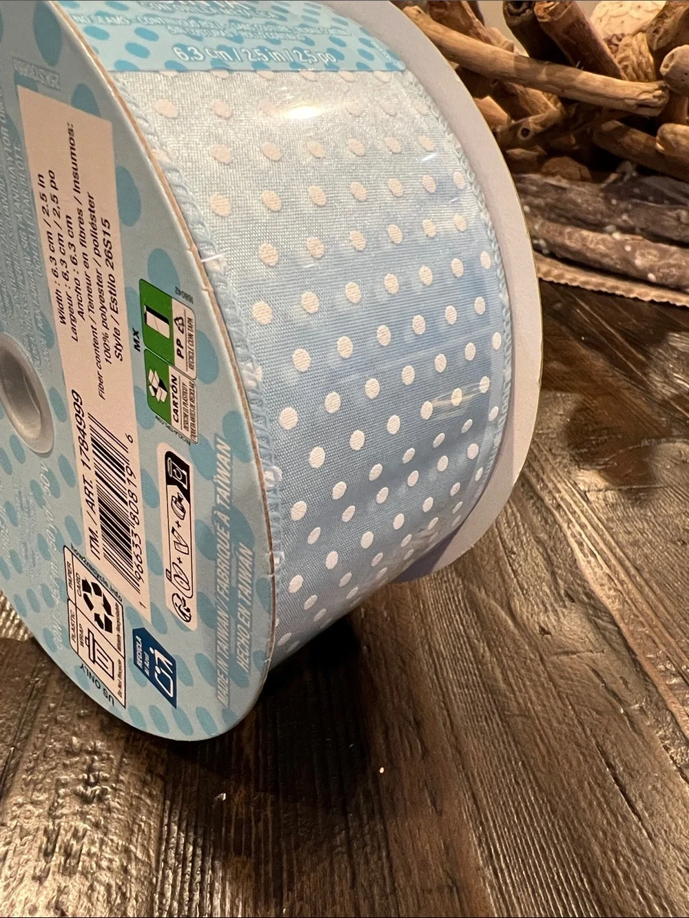 Kirkland Signature Polka Dot Wire-Edged Ribbon - Light Blue 50 yard 2.5inc width